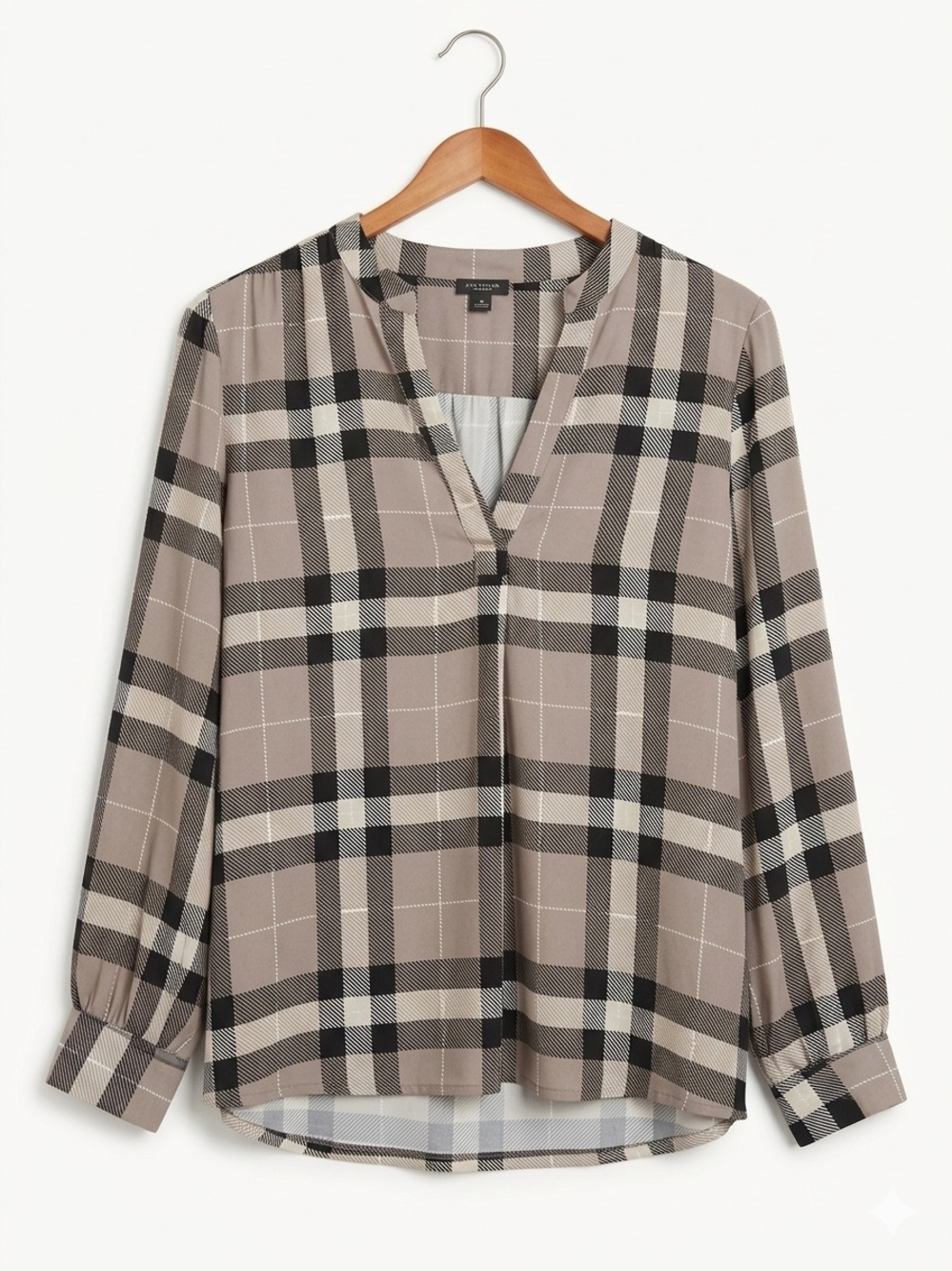 Ann Taylor Taupe and Black Plaid V-Neck Blouse